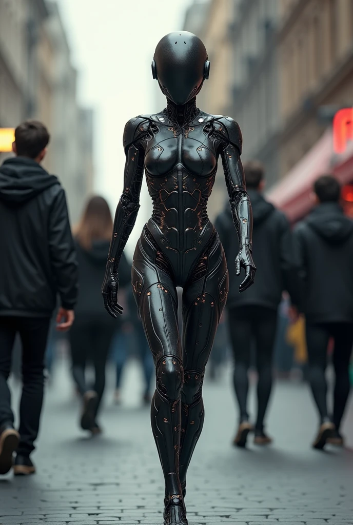 Female cyborg walking down the street in a crowd of people in the big city, defile show, high quality, best quality, absurdres, masterpiece, beautiful, intricate details, 1/2 body crop, slim body, beautiful figure, magnificent anatomy, (intricate details:1.12), HDR, (intricate details, hyper-detailing:1.15), (natural skin textures, hyper realisitc, soft light, Sharp:1.2)