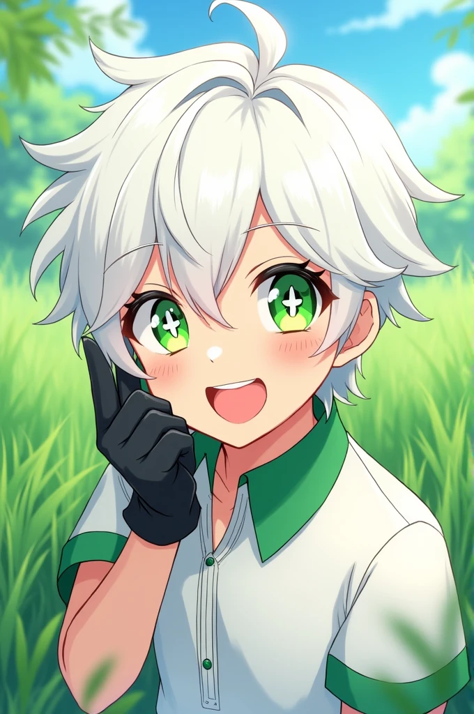 Generates an anime style image of a boy with: for white, green eyes, White pupils in the shape of an 8-pointed star, have a big smile, with completely white hair, with white eyelashes, White clothes, and black gloves, que tenga green eyes, that is in the field and has a green collar