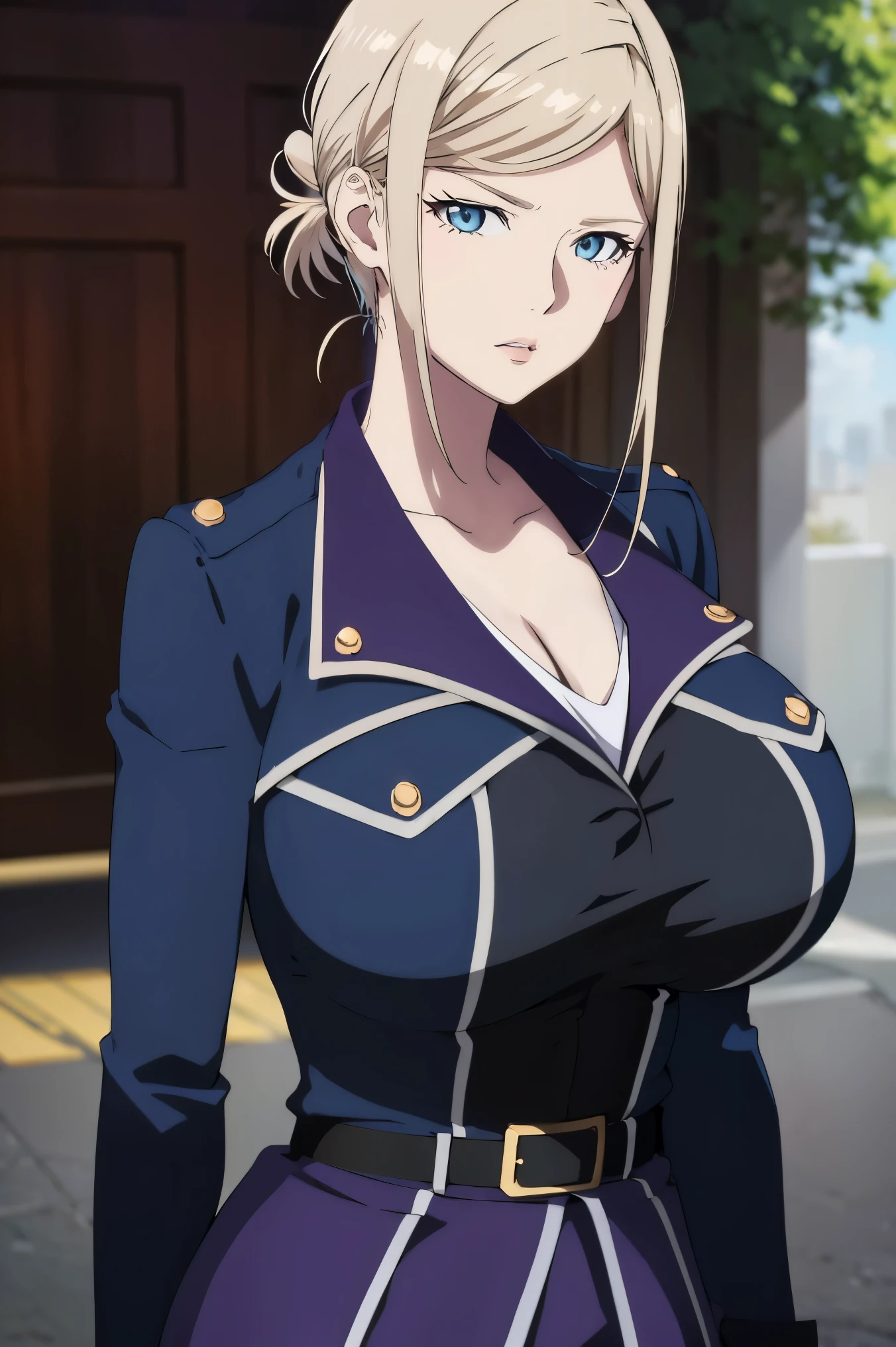 masterpiece, ((blue millitary uniform)), ((cleavage)) (best quality), (solo), 1girl, slim waist,, blonde hair, purple hair , (short skirt), blue eyes, sexy woman,  hair ornament, vibrant colors , natural lighting, RTX, (huge tits), (detailed face:1.2), (perfect eyes:1.1) ,(photorealistic:1.1), 8k uhd, looking a viewer, outdoors, simple backround, emotionless, (upper body), standing pose, 