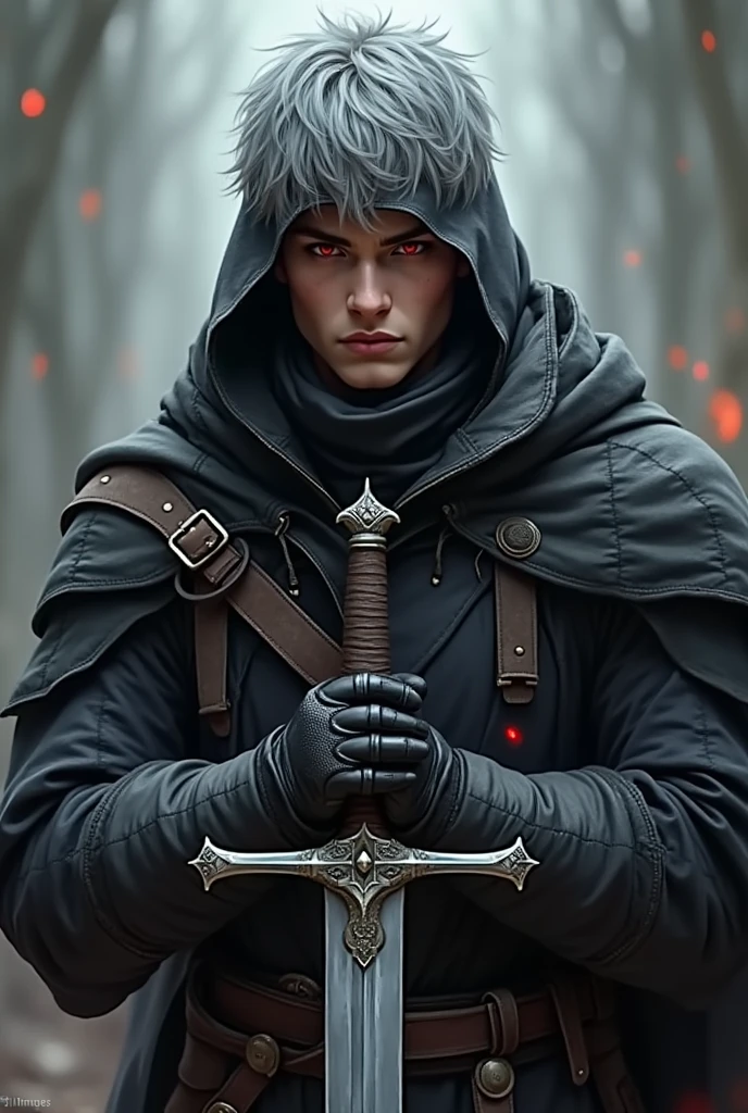 Short grey hair、Red Eyes、A fearless face、Black clothing with leather hood、Wearing gloves、Holding a medieval sword、One caucasican male Swordsman、18 year、combat style