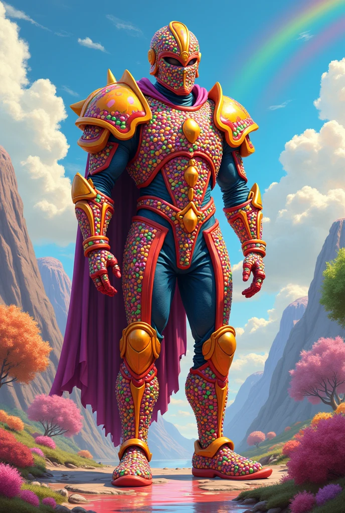 Create a Skittles warrior made of Skittles candy with colorful armor. In a colorful world