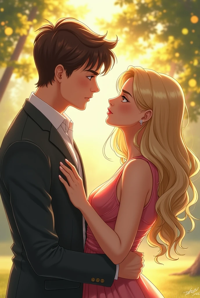J'ai besoin d'une couverture pour mon livre, je veux un beau garçon de qui admire une fille blonde de et une autre fille de aux cheveux brun et attaché qui admire de loin le garçon de