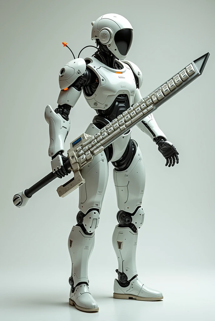 Man wear cyberpunk robocop armor suit white. Long mechanize Sword from classic white keyboard. Keyboard pad design as sword. Binoculars eyes . Holding keyboard sword. 