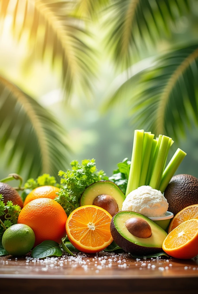 A image with nutritional foods and there need to be coconut background for presentation slide. With ice cream also include yougurt