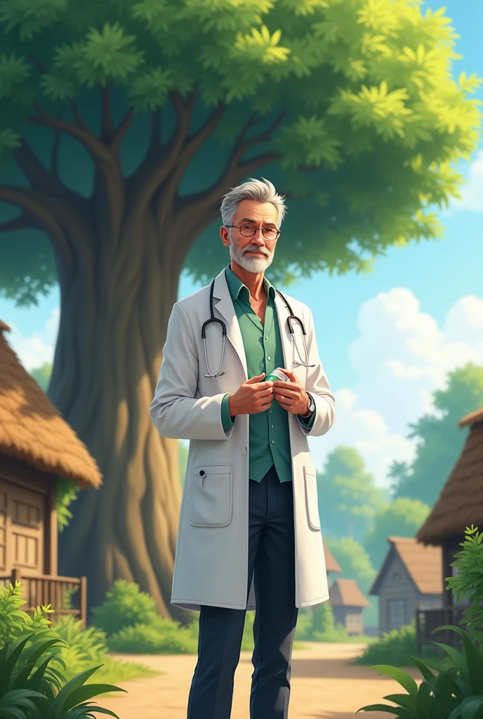 There is a doctor. The doctor has medicine in his hand. The doctor has 100 percent. The doctor is in a village. The doctor is near a big tree.