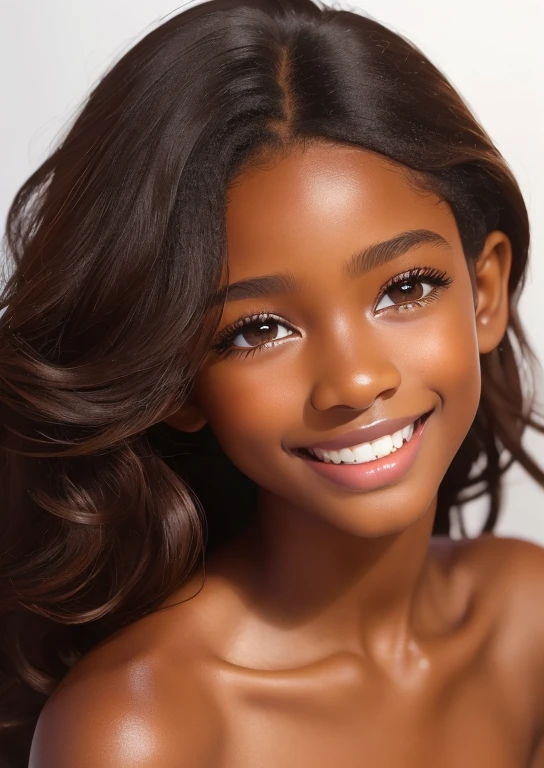 (portrait, editorial photograph) (beautiful black girl), adorable face, long brown curly hair, hazel eyes, by lee jeffries, nikon d850, film stock photograph ,4 kodak portra 400 ,camera f1.6 lens ,rich colors ,hyper realistic ,lifelike texture, dramatic lighting, (highly detailed face:1.4), perfect eyes, realistic iris, perfect teeth, (smile:0.7), (background dark, shadow of the leaves, moody, cleavage), sun rising, early morning light, Wishing for something, masterpiece, best quality, photorealistic, Citizen of Guinea-Bissau, very cute super model, perfect anatomy, skinny, ((1 girl)), (colorful reflections in the eye), (nudist), (smiling, white teeth), small nipples