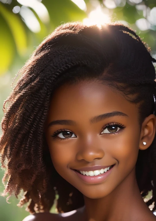 (portrait, editorial photograph) (beautiful black girl), adorable face, long brown curly hair, hazel eyes, by lee jeffries, nikon d850, film stock photograph ,4 kodak portra 400 ,camera f1.6 lens ,rich colors ,hyper realistic ,lifelike texture, dramatic lighting, (highly detailed face:1.4), perfect eyes, realistic iris, perfect teeth, (smile:0.7), (background dark, shadow of the leaves, moody, cleavage), sun rising, early morning light, Wishing for something, masterpiece, best quality, photorealistic, Citizen of Guinea-Bissau, very cute super model, perfect anatomy, skinny, ((1 girl)), (colorful reflections in the eye), (nudist), (smiling, white teeth), small nipples