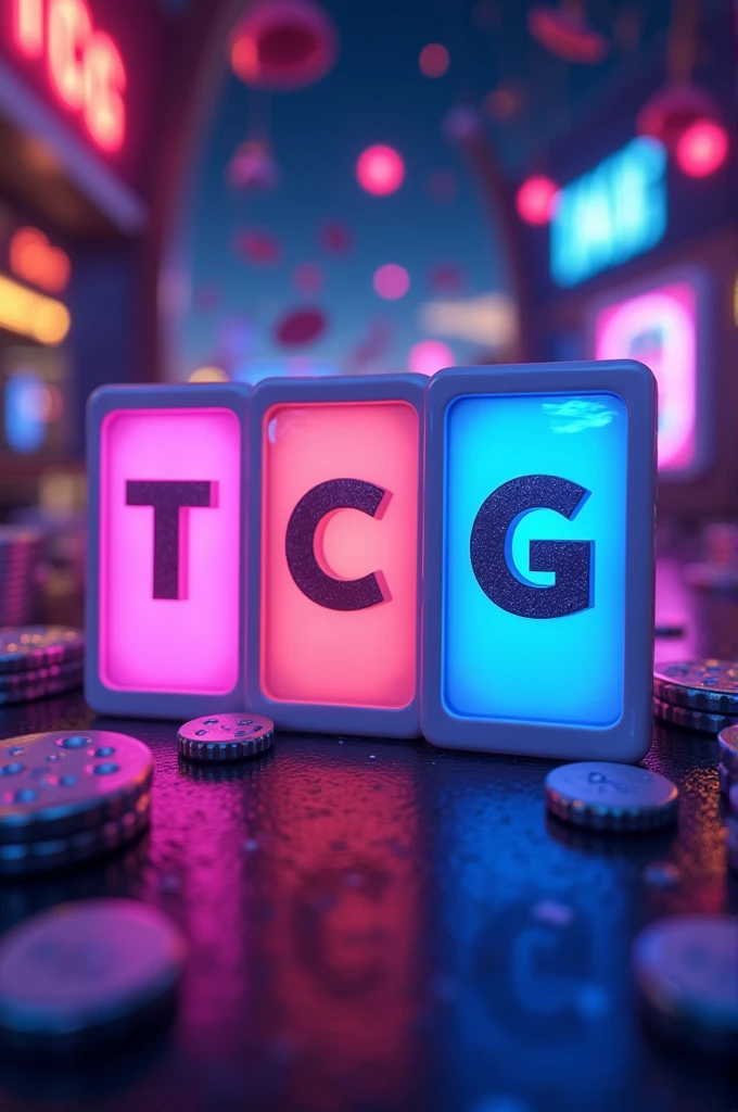 A graphic design photo in which three flash cards with T C G written on them separately. And the background should be like a casino and the background color should be blue or pink.
