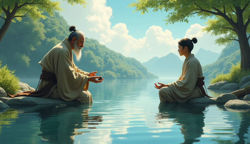 Master Koji throws a small stone into a still pond. Hiro watches as ripples spread across the water, distorting the reflection of the sky and surrounding trees.
Create a scene where an old Zen master tosses a small stone into a tranquil pond, causing ripples. The master, Koji, wears simple robes and has a thoughtful expression. A young man, Hiro, watches the ripples, reflecting the sky and trees. The setting is a quiet, peaceful garden