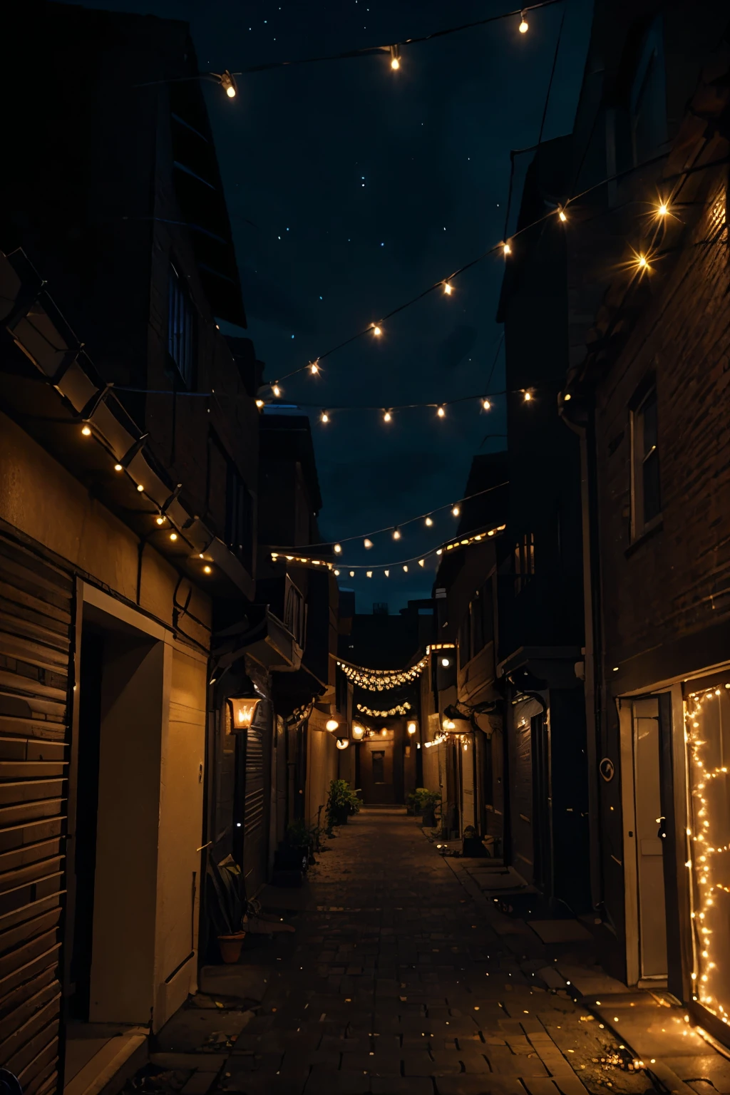 Alley. Night. Decorative lights hanging from the roof.