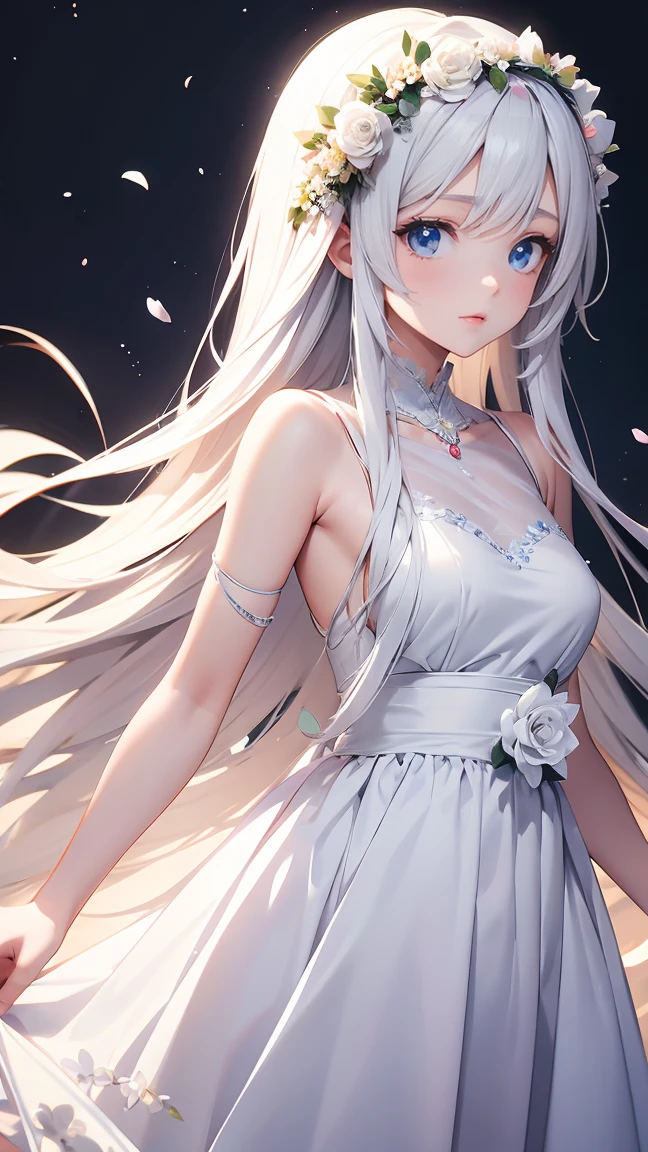 Anime girl with long hair wearing a white dress and a flower crown generative ai