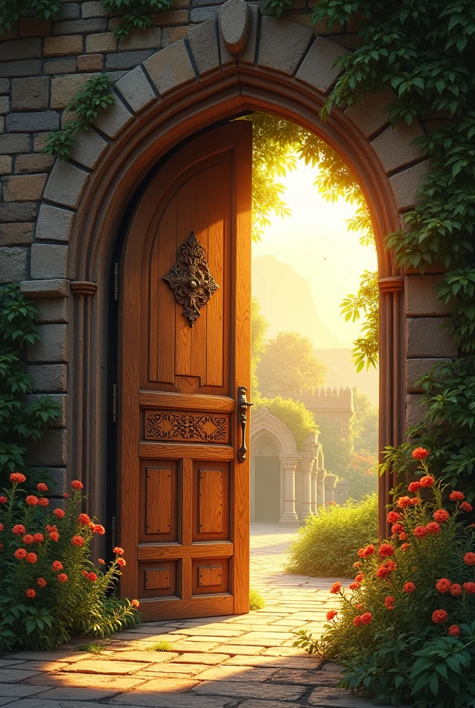 une porte en bois d'un château médieval, ouvrant sur un jardin majestueux et lumineux telle un soleil