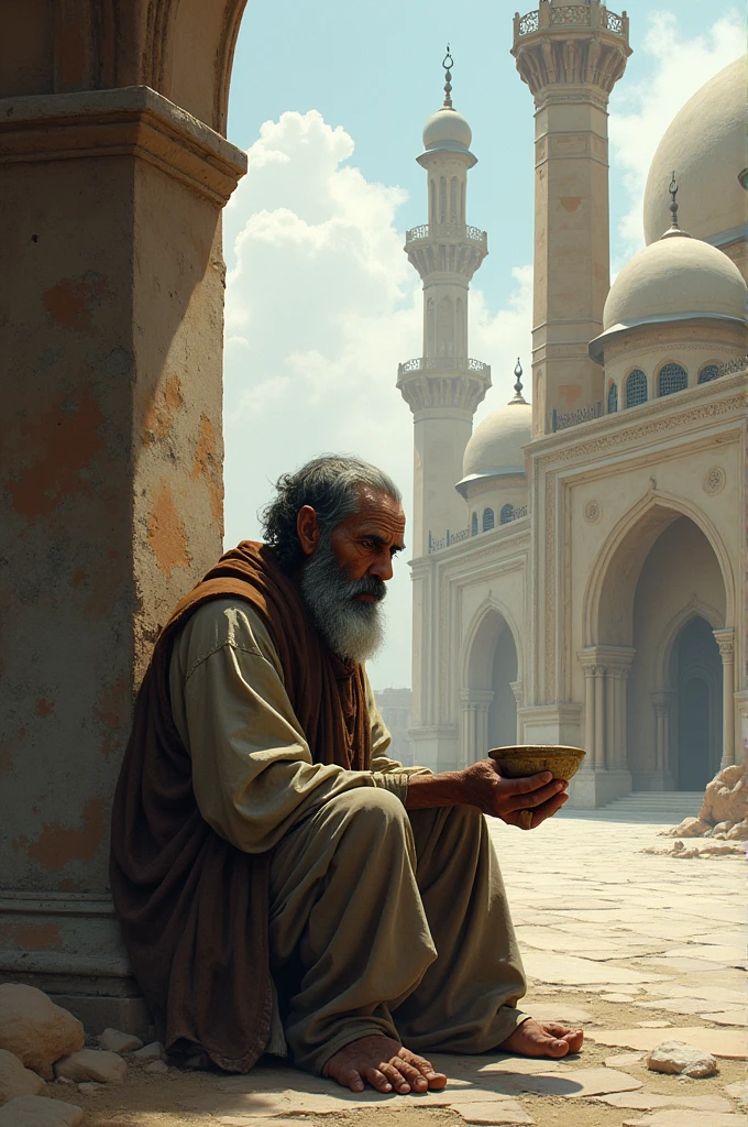 A poor man used to sit beside the mosque and beg.