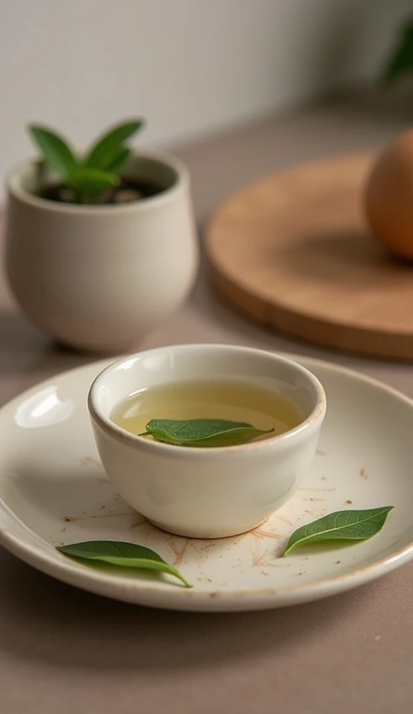 Put green tea leaves into a small ceramic teacup,Very detailed,HD,Clear details