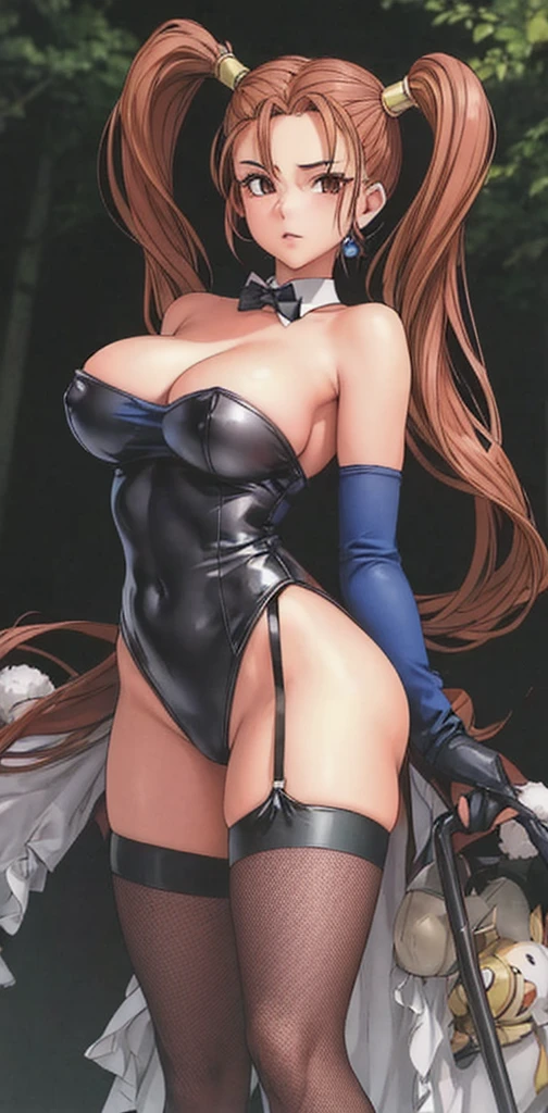 Jessica, with her large breasts, beautiful legs, shoulder-length twin tails, exposed arms and shoulders, and mature face, is dressed as a bunny girl in a black high-cut bunny suit and fishnet stockings, standing with her legs spread to the side.。Angle from the front。in the forest。