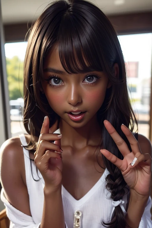 one girl, (((Open your mouth)))、Put your hand over your mouth、Beautiful breasts、 Brown eyes, ((Gal Hairstyles)) blonde, girl, (Eye and facial details:1.0), break, (masterpiece, Highest quality, Very detailed, Detailed face, 8k),( dark skin:1.95 )