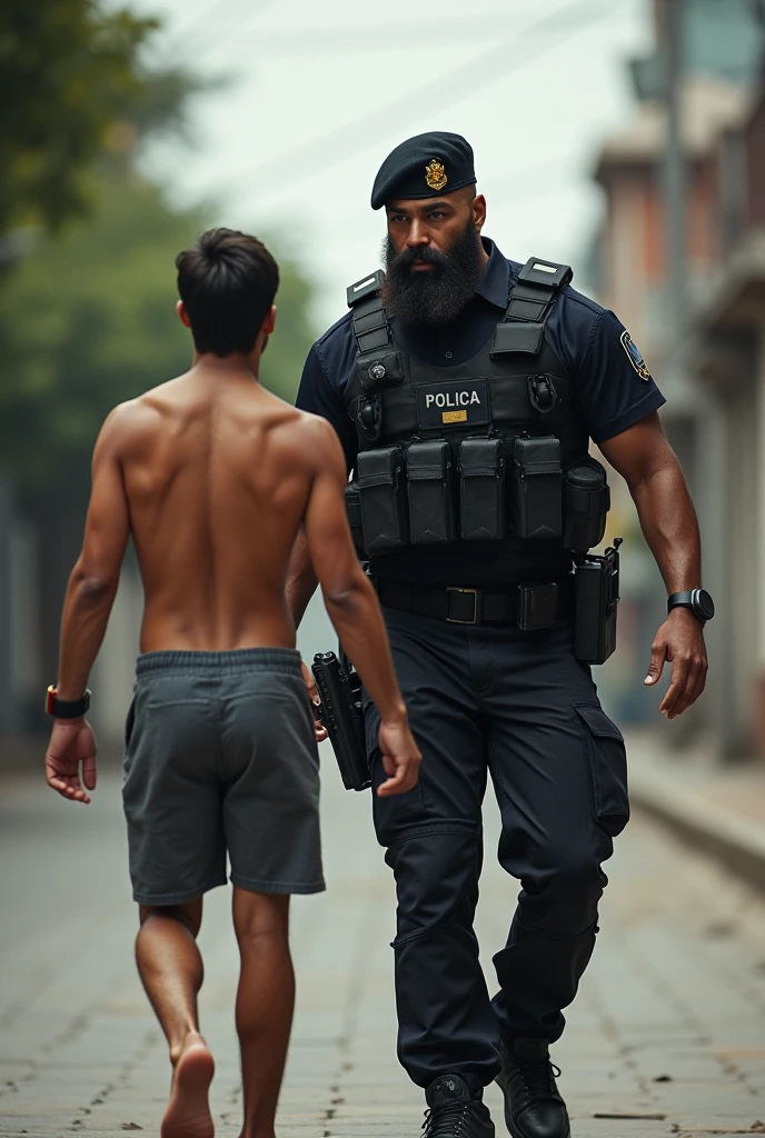Young strong bearded Brazilian cafuzo police officer in military tactical police uniform, Lottery, elite, boina preta, armed, approaching and searching a criminal with his hands raised behind his head and his legs spread wide, wearing no shirt, shorts and flip flops.