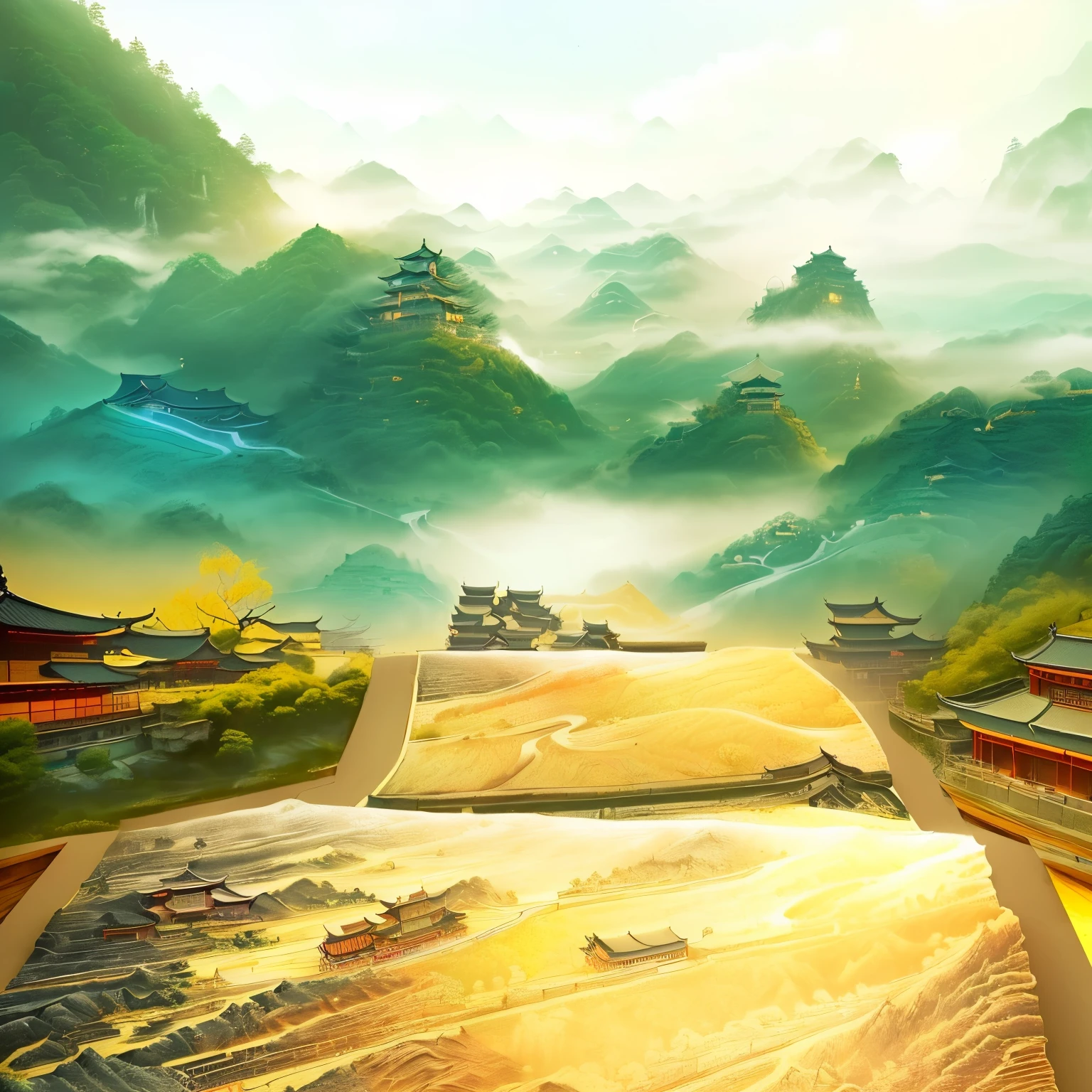 a traditional chinese landscape painting, detailed ink painting on ancient chinese scroll, detailed chinese mountain and river scenery, detailed ancient chinese architecture, traditional chinese style, vibrant colors, dramatic lighting, cinematic composition, (best quality,4k,8k,highres,masterpiece:1.2),ultra-detailed,(realistic,photorealistic,photo-realistic:1.37)