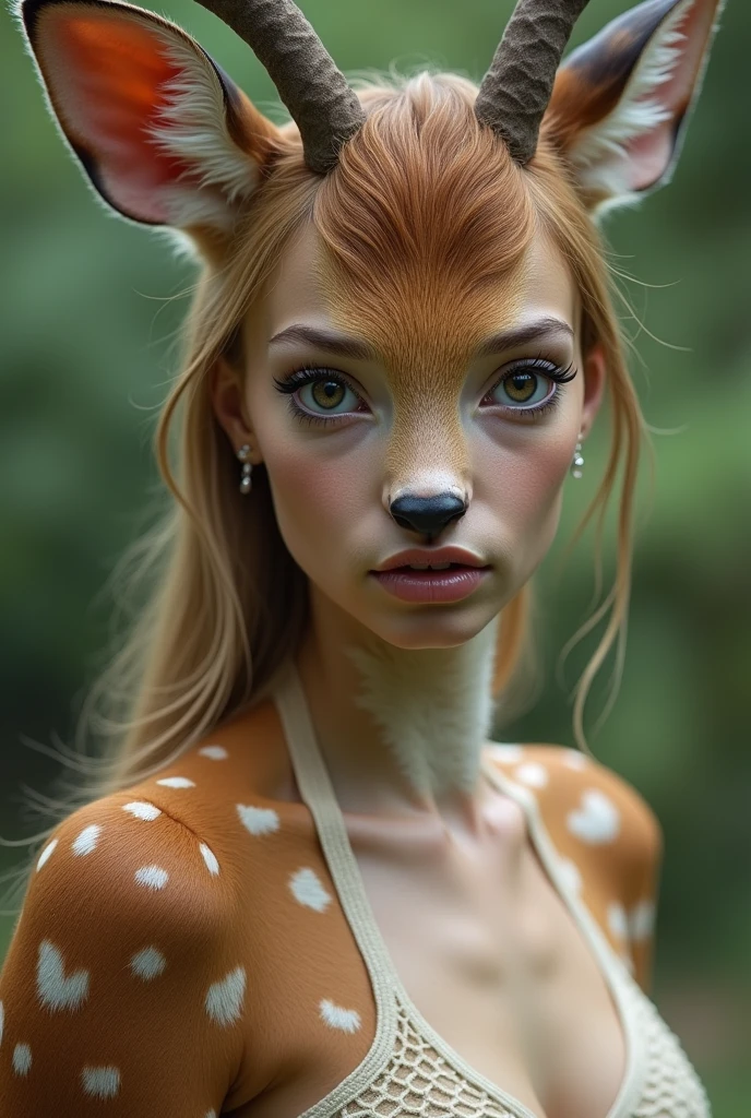 one girl, fawn ears, , pure, cute naked, topless, a Woman fawn mix, human Body, big tits, furry and skin, fawn nose but the Rest of the face ist human, (((whiskers))) big eyes, fawn fur, deer eyes, hybride 60 %fawn and 40 % human, face mostly woman, fawn Hair , braid, fur instead of skin at Body Arms and shoulders and neck, tits are human, the mice nose is hairy , nipples, deer fur , full black Iris, hole eyes are black Just Like a fawn, slender, Bambi eyes