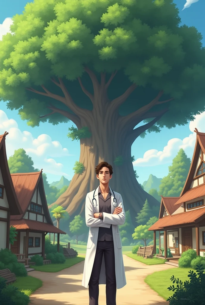 There is a doctor. The doctor has medicine in his hand. The doctor has 100 percent. The doctor is in a village. The doctor is near a big tree.