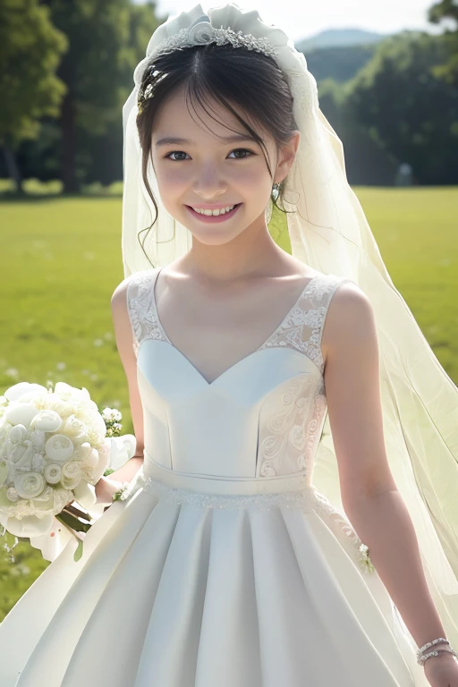 (8k), (masterpiece), (High resolution), (Realistic:1.4), Japanese, 1 girl, (((:1.5))), Childish:1.2, Facing forward, (smile:1.3), happy, ((cute:1.5)), Innocent, (innocent), kind, Elegant:1.5, Double eyelids:1.2, (Dark Eyes), Beautiful eye and skin details:1.5, (Realistic skin texture:1.5), High nose:1.1, (((White Wedding Dress:1.5))), ((White clothes:1.5)), (See-through clothing:1.5), (Décolletage:1.2), Black Hair, Hair blowing in the wind, Child body type:1.3, (Slender), summer, noon, bright, Chapel, Primary school students, Middle school students, detail fingers, detail arms, detail eyes