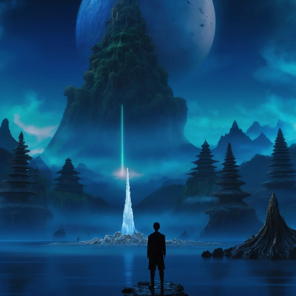 There is a blurred image of a person standing in the water, alien forest in the background, The background is hazy, an ice volcano, tsunami behind him, mysterious temple scene, Bright temple in the distance, alien castle in the background, stardestroyer in the background, mushroom cloud in the background, ( ( misty atmosphere ) ), random background scene, Giant ghost above the horizon
