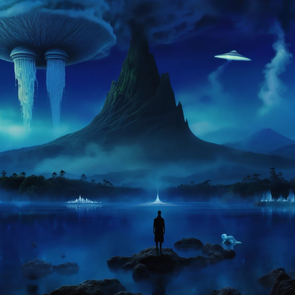 There is a blurred image of a person standing in the water, alien forest in the background, The background is hazy, an ice volcano, tsunami behind him, mysterious temple scene, Bright temple in the distance, alien castle in the background, stardestroyer in the background, mushroom cloud in the background, ( ( misty atmosphere ) ), random background scene, Giant ghost above the horizon