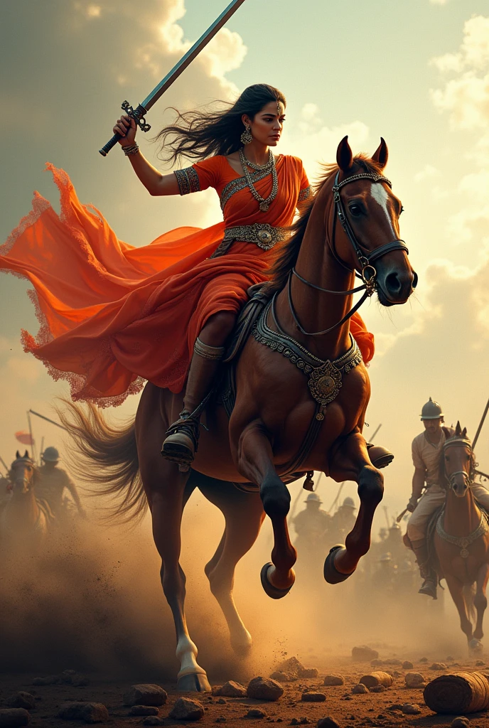 Generate a image of Rani lakshmi bai in siting a danger horse killed his enemy