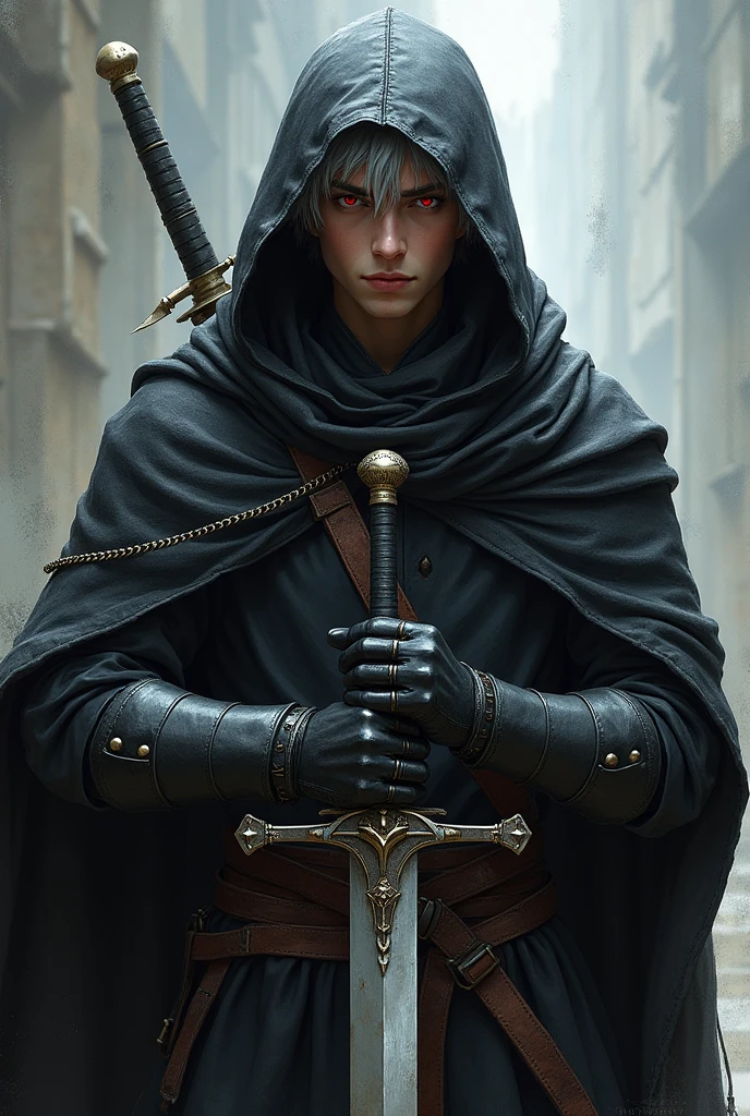 Short grey hair、Red Eyes、A fearless face、Black clothing with leather hood、Wearing gloves、Holding a medieval sword、One caucasican male Swordsman、18 year、combat style