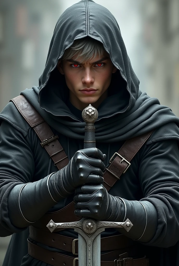 Short grey hair、Red Eyes、A fearless face、Black clothing with leather hood、Wearing gloves、Holding a medieval sword、One caucasican male Swordsman、18 year、combat style