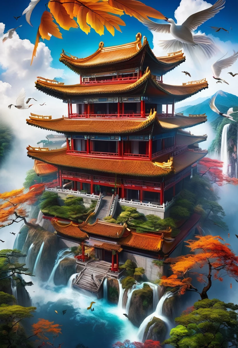 A majestic Chinese-style building, perched on high mountains, surrounded by dense trees, clouds, flying cranes, and flying waterfalls. Overhead Angle