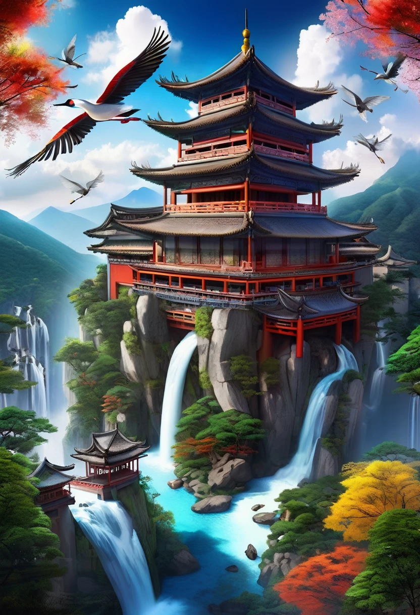 A majestic Chinese-style building, perched on high mountains, surrounded by dense trees, clouds, flying cranes, and flying waterfalls. Overhead Angle