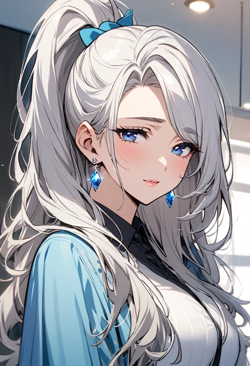 girl, mature, white hair, diamond earrings, long hair, ponytail, blue eyes,  beautiful, cute, half eyes