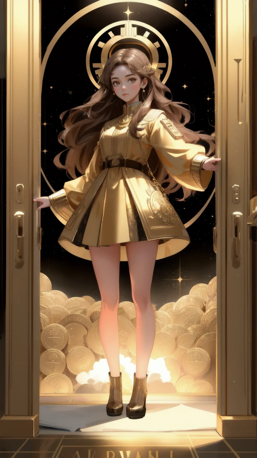 Create an illustration of a beautiful, cute girl standing in front of a large, secure vault door that is adorned with cryptocurrency symbols. She is surrounded by gold coins and digital tokens floating in the air, representing wealth and security. The girl is in a confident pose, reaching out towards the vault with a determined expression. The background features a golden-brown color scheme with intricate details on the vault and the surrounding area, emphasizing the theme of 'Rug-Pull-Proof Carpet.'