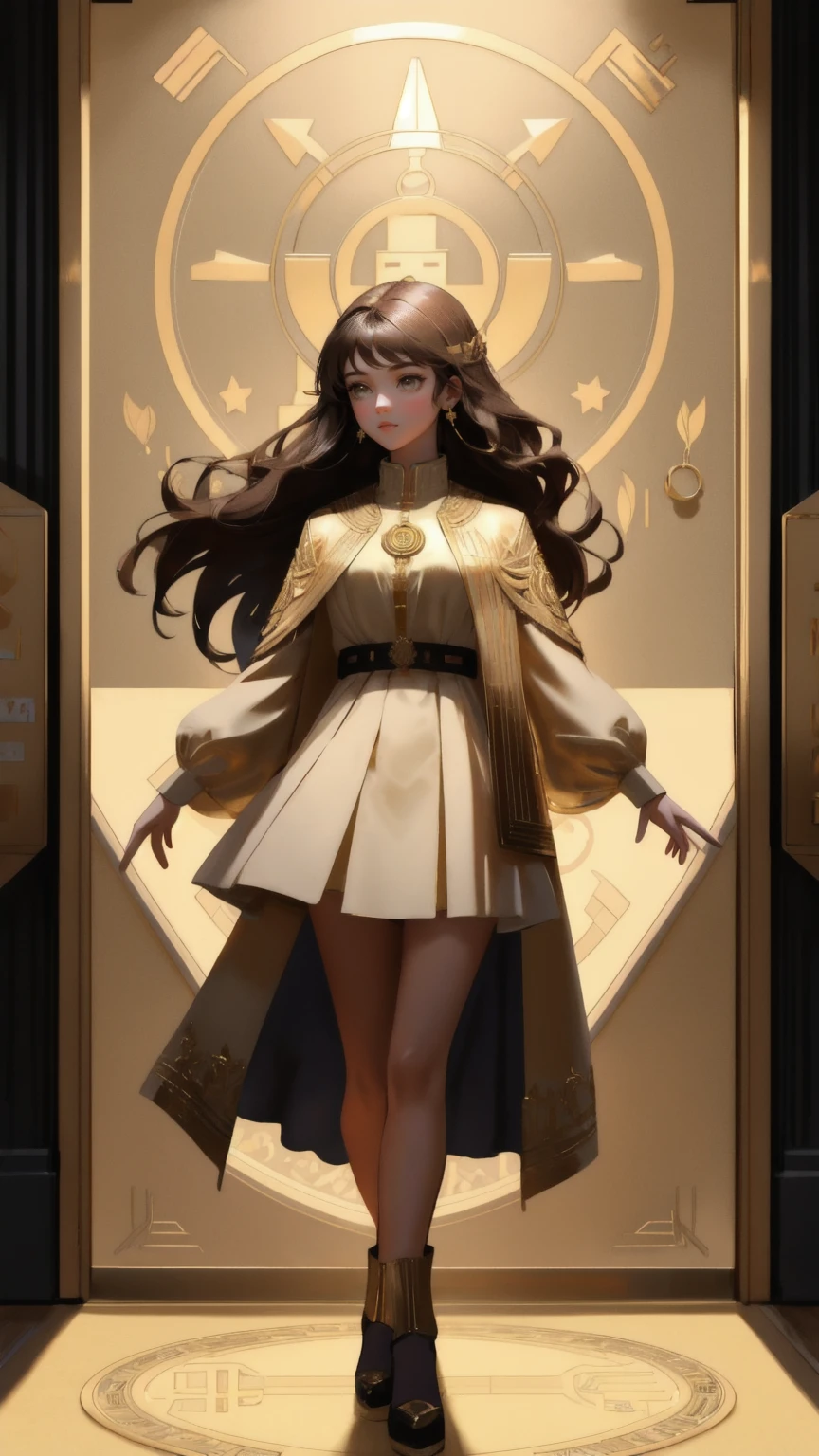 Create an illustration of a beautiful, cute girl standing in front of a large, secure vault door that is adorned with cryptocurrency symbols. She is surrounded by gold coins and digital tokens floating in the air, representing wealth and security. The girl is in a confident pose, reaching out towards the vault with a determined expression. The background features a golden-brown color scheme with intricate details on the vault and the surrounding area, emphasizing the theme of 'Rug-Pull-Proof Carpet.'