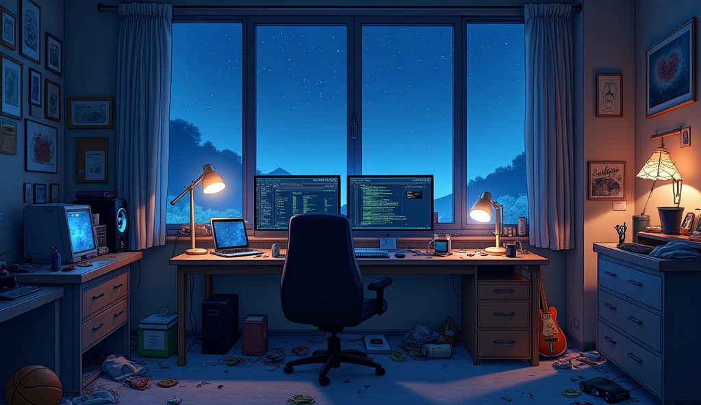 a very large bedroom, one desktop computer with two screens, 2 laptops, 1 phone (no-character:1.4), on the computers screens runs Linux and a development IDE, picture from far, large windows, night outside, one guitar, one basketball ball, clothes thrown on the bed and on floor, on the wall there is a poster of Chino Kafu, masterpiece, precision, ultra-realistic, anime art, In the style of Makoto Shinkai。master piece, ultra detail