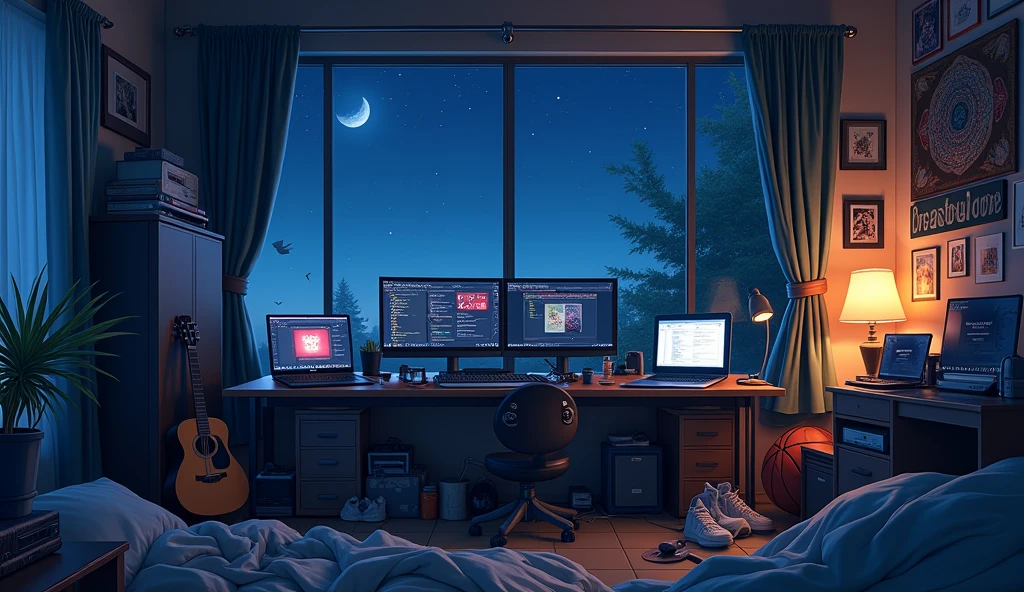 a very large bedroom, one desktop computer with two screens, 2 laptops, 1 phone (no-character:1.4), on the computers screens runs Linux and a development IDE, picture from far, large windows, night outside, one guitar, one basketball ball, clothes thrown on the bed and on floor, on the wall there is a poster of Chino Kafu, masterpiece, precision, ultra-realistic, anime art, In the style of Makoto Shinkai。master piece, ultra detail