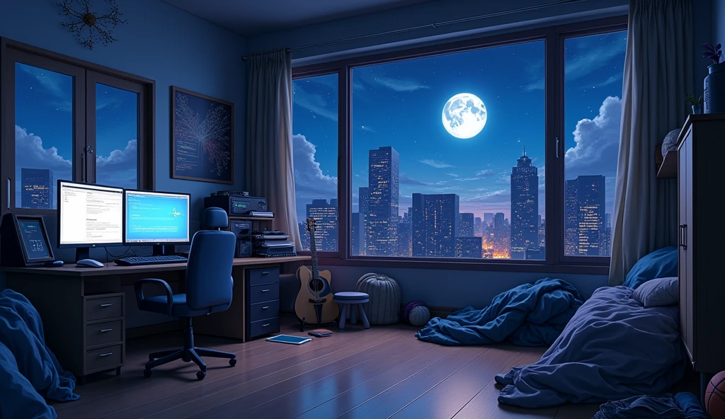 a very large bedroom, one desktop computer with two screens, 2 laptops, 1 phone (no-character:1.4), on the computers screens runs Linux and a development IDE, picture from far, large windows, night outside, one guitar, one basketball ball, clothes thrown on the bed and on floor, on the wall there is a poster of Chino Kafu, masterpiece, precision, ultra-realistic, anime art, In the style of Makoto Shinkai。master piece, ultra detail