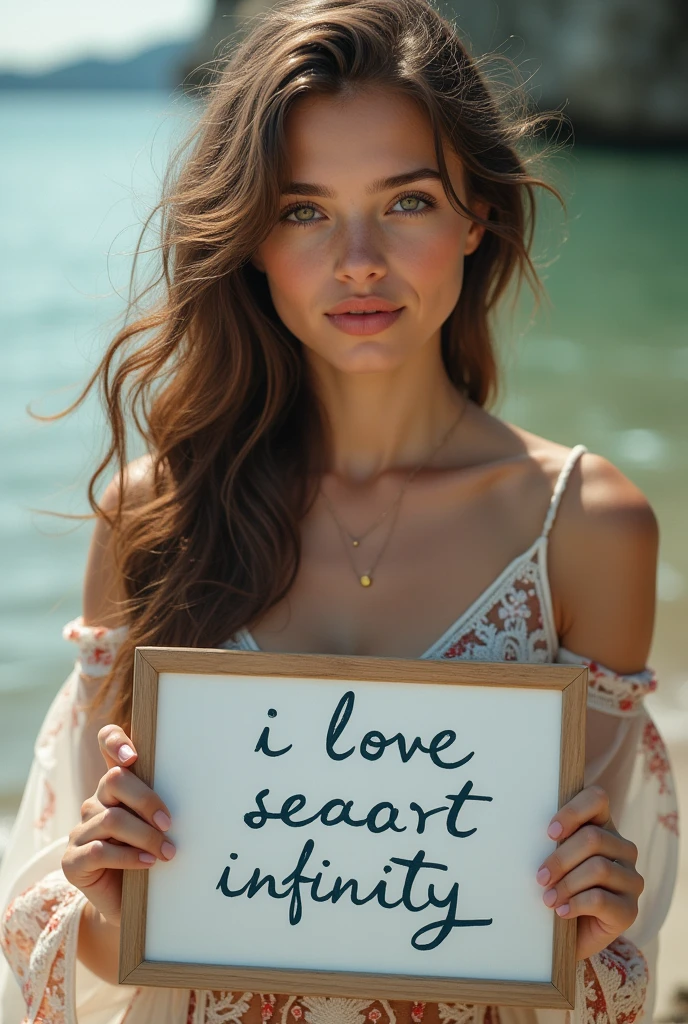 Beautiful girl with wavy long hair, bohemian dress, holding a white board with text "I Love Seaart Infinity" and showing it to the viewer