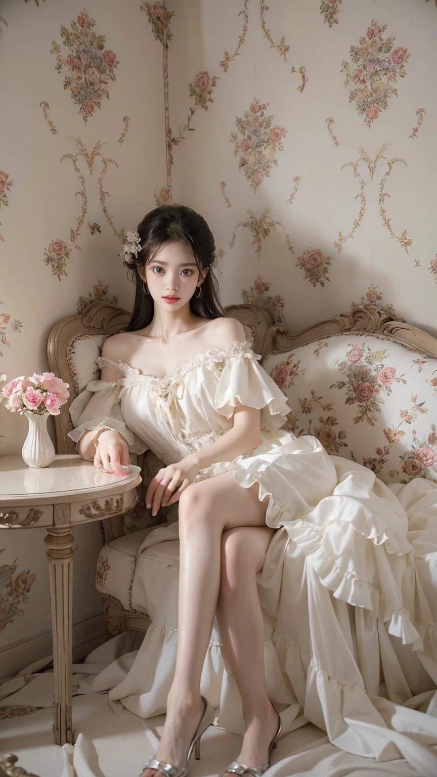 lolita1,dress,flower, ((1 girl, elegant sitting posture)), Natural leg proportions, visible division, masterpiece, ((sexy long legs, You have really pretty legs)), (best quality, 4K, 8k, mackerel, masterpiece:1.2), very detailed, (realistic, photorealistic, photo-realistic:1.37), official art, CG, anatomically correct, Random Scene, Any camera angle, cinematic, of the photo, complex background, soft lighting, subtle shadows, vivid colors, expressive eyes, delicate features, High Fashion Outfits, ambient atmosphere, A candid moment, natural expression, detailed texture, fine details, Sophisticated elegance, sophisticated style, artistic composition, Beautifully rendered.