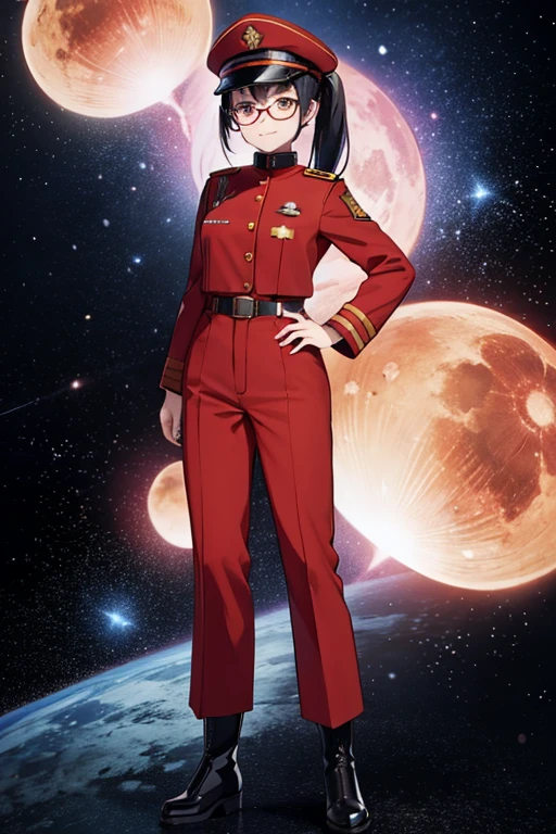 Anime Art、Full body portrait、Space SF Officer、background is blank、A woman around 3, standing upright, about 165cm tall, wearing a red stand-up collar uniform and red trousers、Red military cap、Glasses、Hairstyle: short ponytail、Black Hair、Smile generously、Black boots