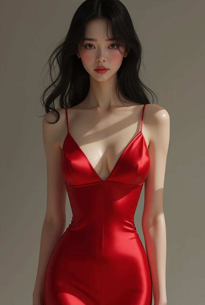 1. A glass hour body shaped lady, not too skinny and not too fatty.
Her height is 1.71cm, she has long limbs. 
2. Fair white glowing skin, she looks like European and Asian mixed together but more likely to have Asian features with perfect European standard of perfect eyebrows. 
3. She wears long bodycone red satin dress. She has high bridge nose. She has black, thick, and long straight hair reaching her hips. Her lips is not too thin and not too thick and it is peach in colour. Her eyes are big with double eyelids. She wears minimal natural look makeup. She has striking look like a Mafia's wife 

