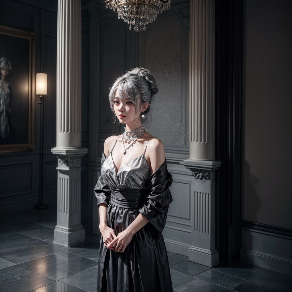 A stunning portrait photo of a Korean girl with grey silver hair wearing a black dress, long trousers, and high heels. She has diamond earrings and a necklace. Her hair is styled in a bun and tied back and wrapped around her head. She is elegantly standing in a room with a patterned floor. The background contains plants and a lamp. The image is shot in HD 64k resolution, with high quality and realistic lighting.