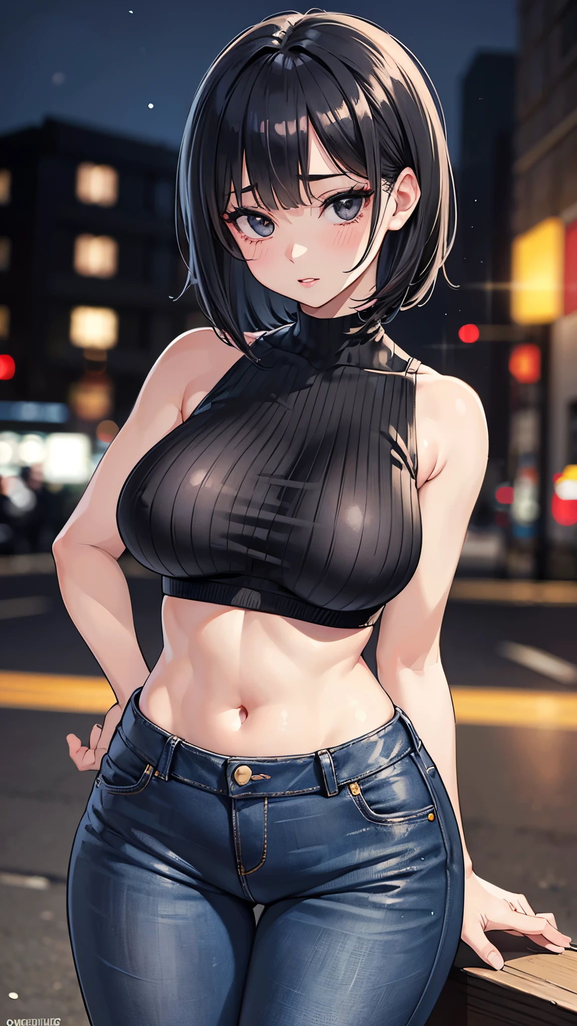 Black sleeveless、beauty、Tight skinny jeans、Beautiful body lines、28 years old、short hair、hand２Book、Wall thickness、Glamour、Earrings、necklace、office Street、blue sky