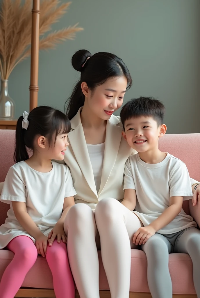 A 3 Chinese mother in a white suit and pink pantyhose, sitting on a sofa. She is accompanied by her 1 son, who is dressed in a white sports school uniform with gray pantyhose, and her 1 daughter, wearing white pantyhose and a shirt