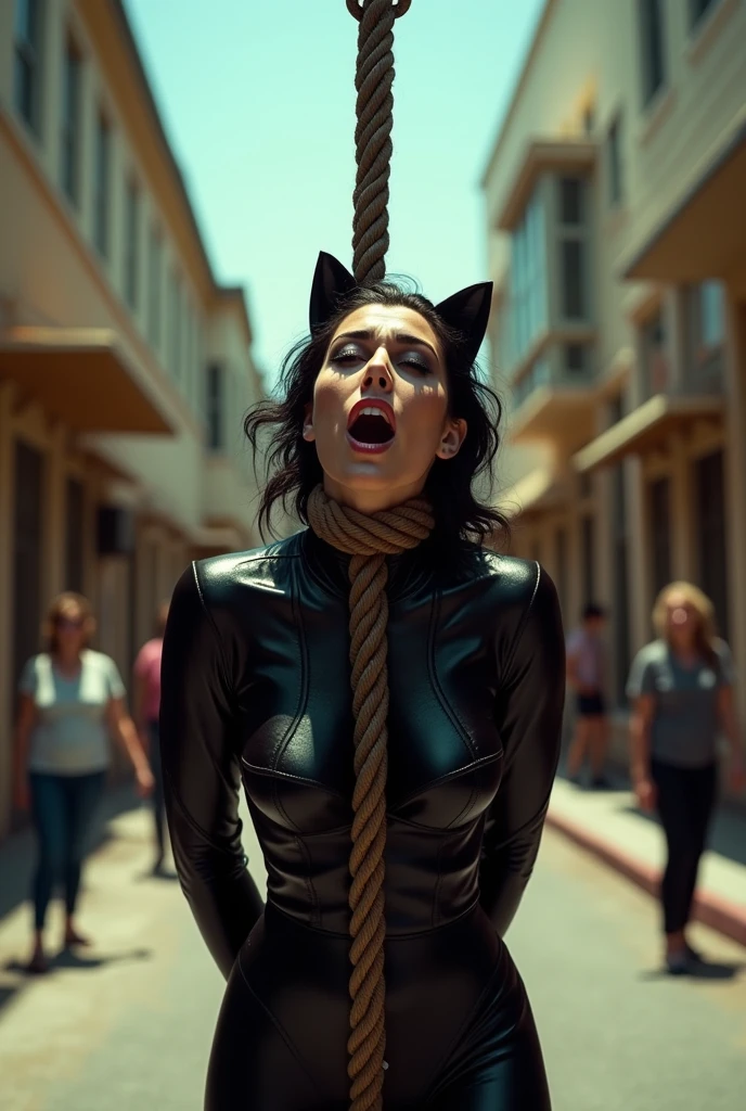 (8k, best quality, photorealistic, realisti), Catwoman, sexly, Nice, hot, horrified, strangled gasping for air, choked, screaming, horrifieder Gesichtsausdruck, is hanged, is hanged on the gallows, Thick rope tied tightly around neck, Thick rope tied tightly around neck, Rope tied under the chin around the throat, Cut off air, hangs tied by the neck in the air, half a meter in the air, Feet not on the floor, Niceer Hals, sehr Niceer Hals, good view of her neck, Catwoman strangled, strangle, choke, can't breathe anymore, Face tilted to the sky and body straight, Hands behind the back, cannot move hands and arms, tied up, strangle, choke, Squeeze throat with a rope, on a sunny day in a secluded alley in Los Angeles with an audience around her.