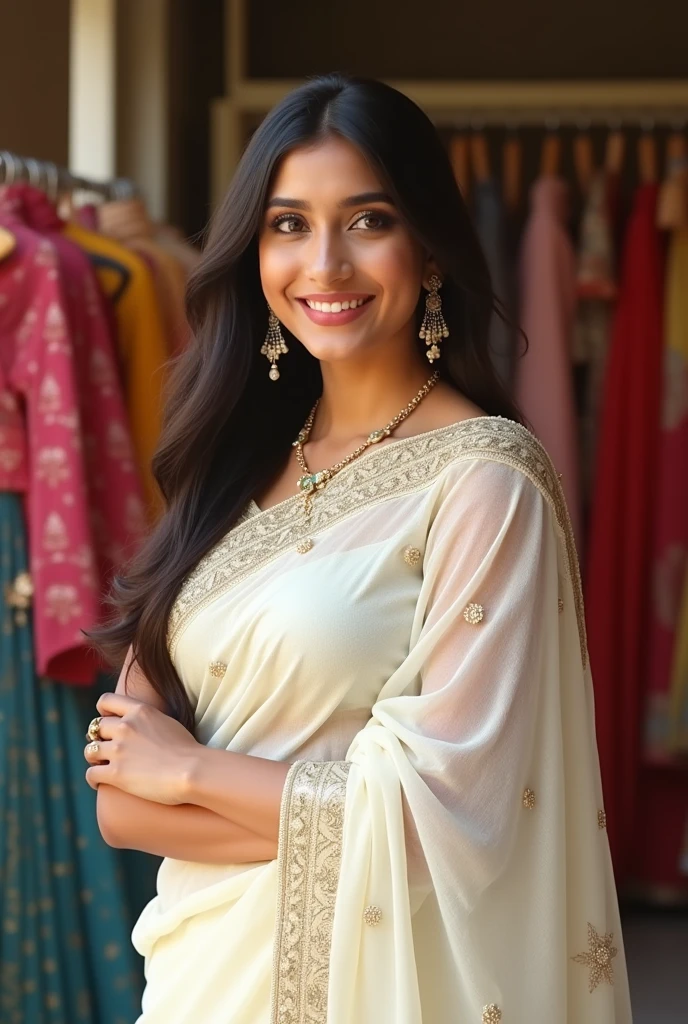 Indian woman ready marriage look  for a textile 
 shop ad.in off-white saree like lahanga in with smaily face in her full image 