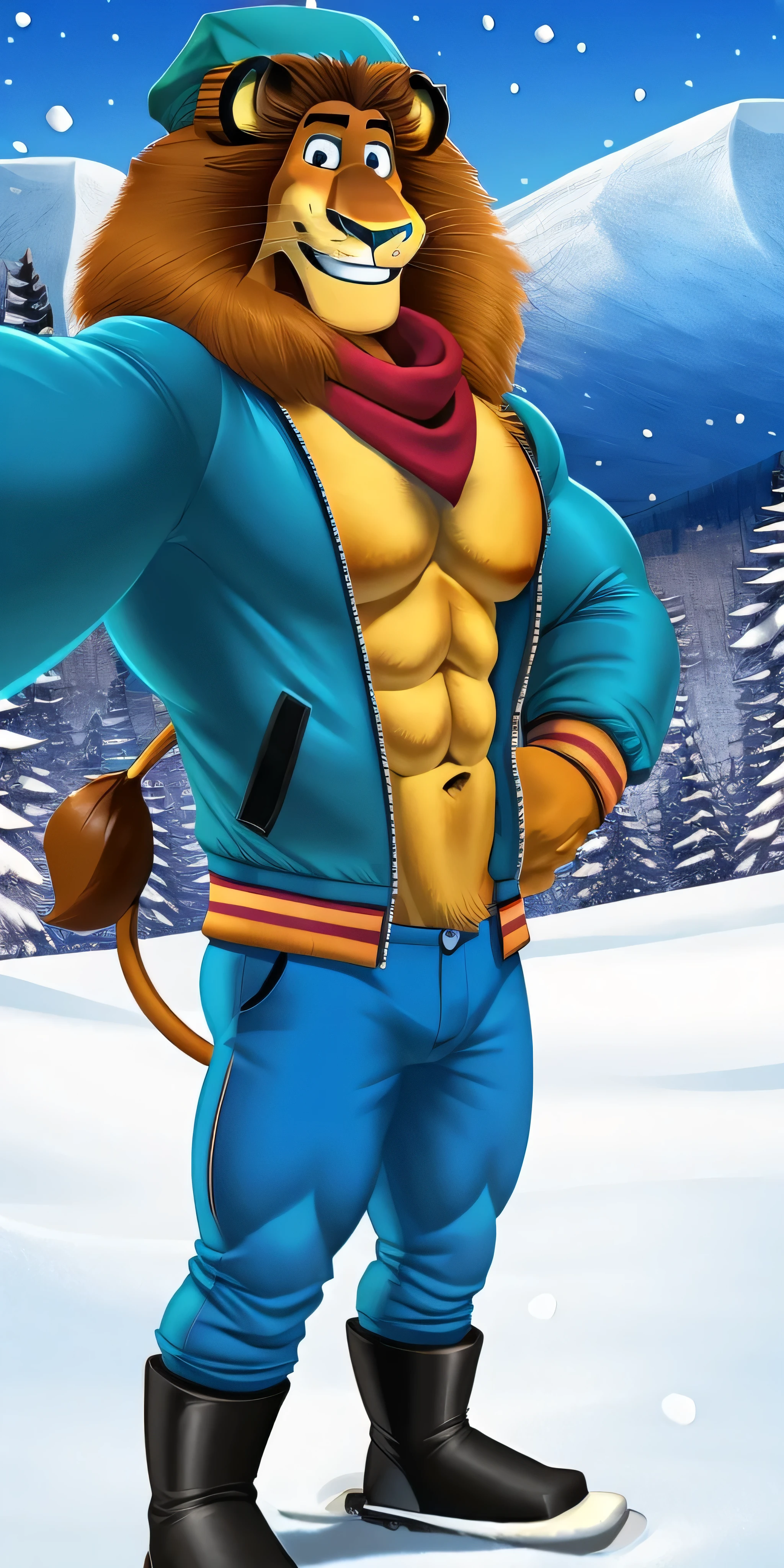 Alex the Lion, muscular body, big biceps, extremely beautiful and cute face, wears jacket, a winter cap, cyan scarf, blue pants, black boots, ski resort background, standing on ski, cute smile, selfie