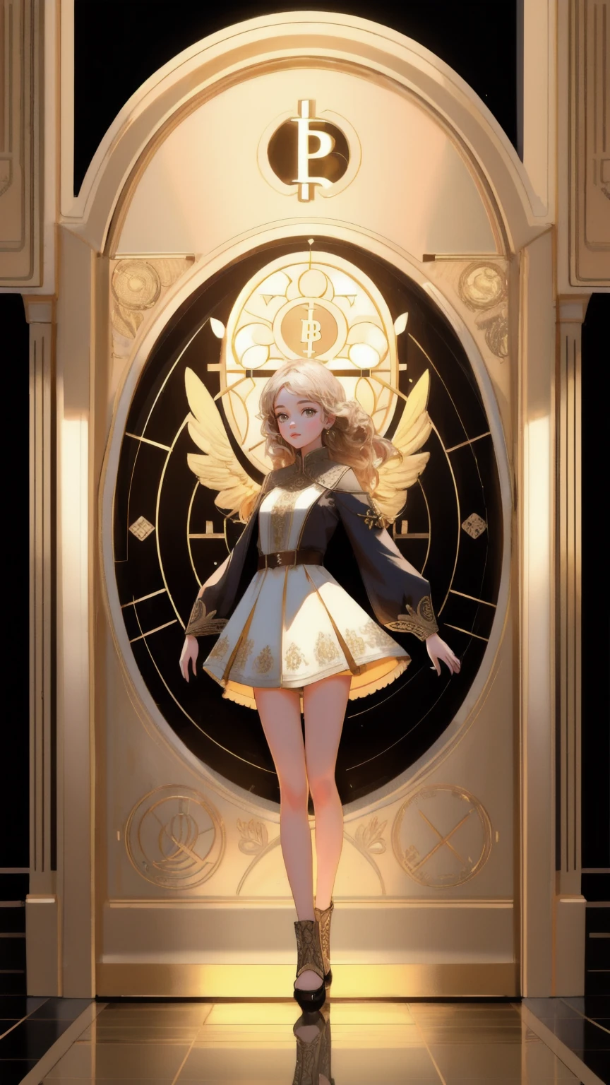 Generate an illustration of a beautiful, cute girl standing in front of a massive, intricately detailed vault door covered with cryptocurrency symbols. The vault door is slightly ajar, with golden coins and digital tokens floating around her. She is reaching out confidently towards the vault, symbolizing wealth and security. The background should be brown, with a rich, warm tone that complements the theme of 'Rug-Pull-Proof Carpet.