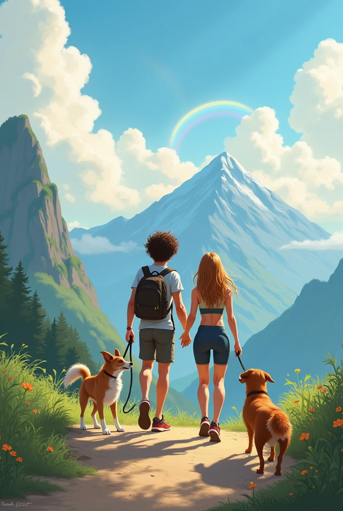 One boy and one girl both are on a hike like a cute couple with their two dogs boy skin tone is white and curley hairs and girl is in gym sweet suit that is full body , almost reaching at the top of mountain and its a cloudy day and sunny both  and little rainbow in the background , and picture should bea realistics and both boy and girl are giving side huge to each pther 
